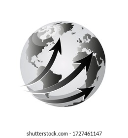 Black and white globe with three black arrows on a white background in vector graphics