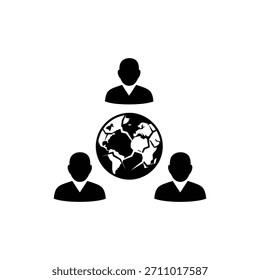 Globo blanco y negro con tres figuras humanas para el trabajo en equipo global