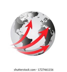 Black and white globe with three red arrows on a white background in vector graphics