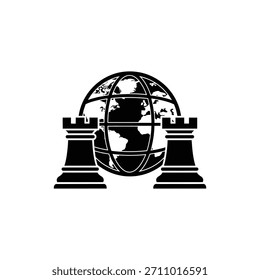 Globo preto e branco com duas torres de xadrez ícone para estratégia global