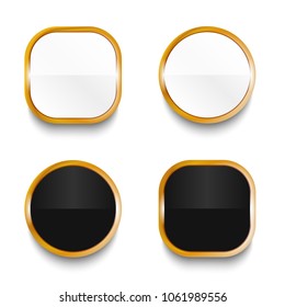 Black and white glossy buttons with gold elements isolated on white background.