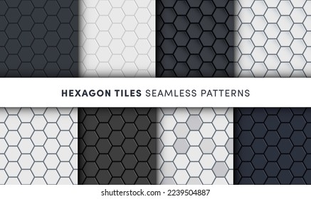 Black and white glossy ceramic hexagon tiles seamless patterns set. Modern home interior, bathroom and kitchen wall texture. Vector black, white, gray shiny metal hexagon wall backgrounds collection.