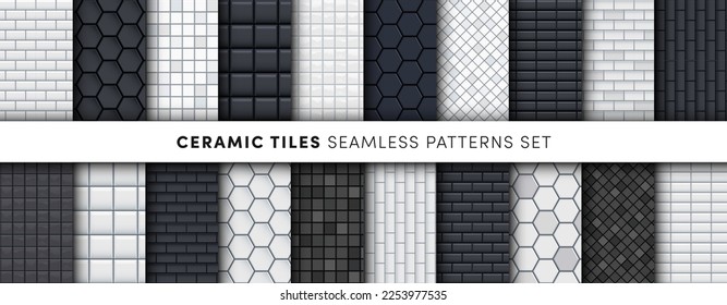 Black and white glossy ceramic tiles seamless patterns set. Modern home interior, bathroom and kitchen wall texture. Vector hexagon, square, brick and rhombus shiny tile wall backgrounds collection.