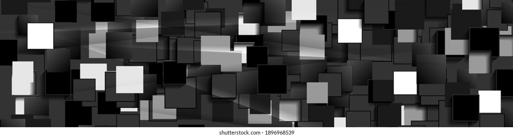 Black and white glossy squares abstract tech banner design. Geometric vector background