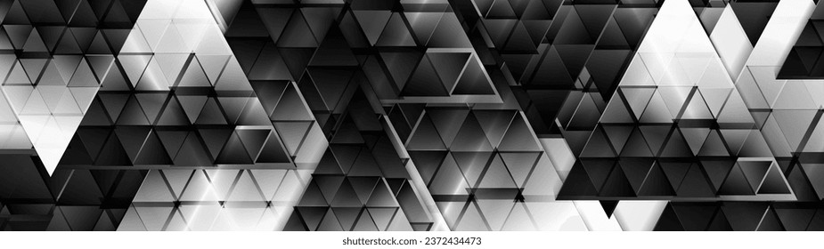 Color blanco negro brillante triángulos de fondo de tecnología abstracta. Diseño de banderín vectorial geométrico de bajo nivel