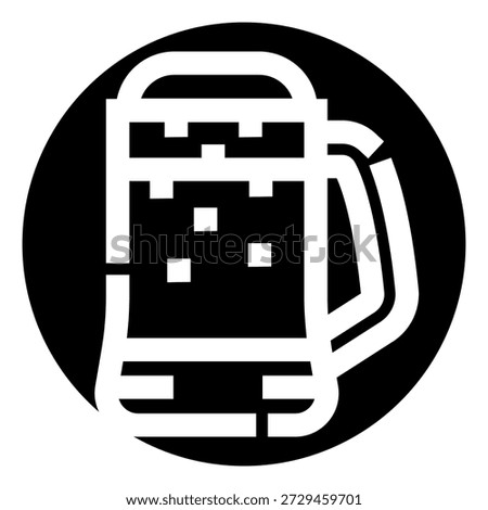 Black and white glyph of a frothy beer mug with foam overflowing, minimalist icon representing beer, pub, bar, happy hour, drinks, celebration, menu, app or web ui element