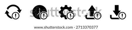 Black and white glyph icon set showing system status symbols: update, refresh, processing, upload, download, error, warning, notification, data transfer, sync, vector use