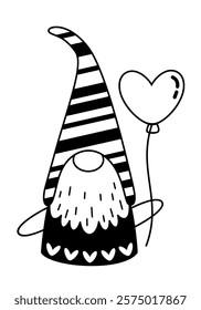 Black and white gnome clipart. Valentines day clipart. Cute Valentine gnome doodle in cartoon flat style. Hand draw vector illustration