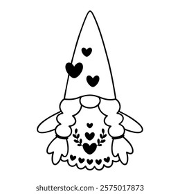 Black and white gnome clipart. Valentines day clipart. Cute Valentine gnome doodle in cartoon flat style. Hand draw vector illustration