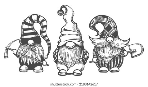 Black white gnomes. Isolated dwarfs miners cartoon sketch, gardener little dwarf fairies, hand drawn fairytale cave elves, magic mountain trolls drawing, vector garden wizards