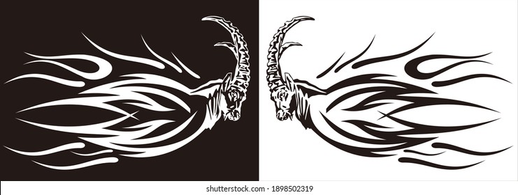 imagen de cabeza de cabra negra y blanca, aislada en un fondo blanco y negro, adecuada para logotipos, apta para camisetas, bolsas de papel, bolsas de tela, símbolos de marca de la empresa, etc.