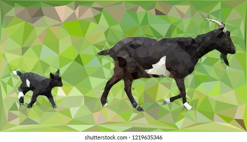 A black and white goat and a same kid graze on a green meadow. Low poly vector illustration. An image of animals consisting of triangles of different sizes.
