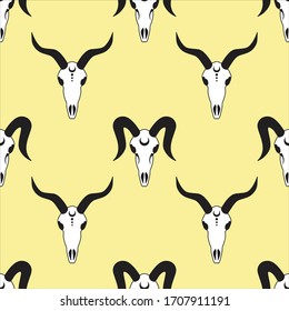 black and white goat skulls gothic on a yellow background seamless pattern demon skeleton Satan vector