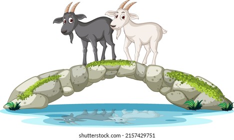 Black and white goats standing on stone bridge illustration