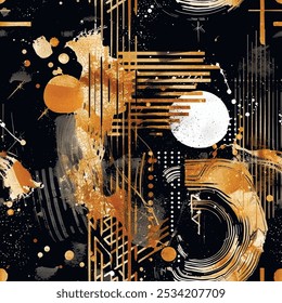 Black white gold Abstract modern brush strokes, stripes, spots circles seamless pattern. Painted hand drawn watercolor dirty vector background. Trendy graffiti style endless fabric pattern. Wallpaper.