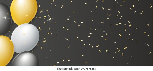 Black, white and gold balloons fly round with helium. Background with festive realistic 3d balloons with ribbon and gold glitter confetti. Birthday template. Vector illustration