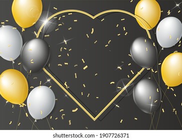 Black, white, gold balloons on a black background. Gold frame in the shape of a heart with realistic 3d balloons and confetti with gold glitter. Place for your text. Template for postcard, invitation.