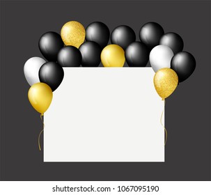 Black, white, gold and with confetti balloons set with white background for your text. Design elements for sale, party, birthday or anniversary. Vector illustration.