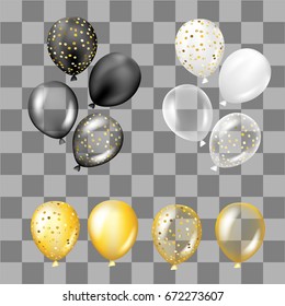 Black, white, gold and with confetti balloons collection. Decorations in realistic style for birthday, anniversary or party design.