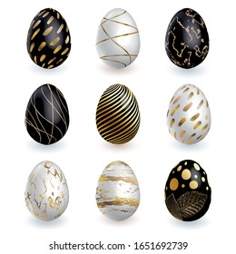 Huevos blancos de oro negro de Pascua sobre fondo blanco. Vector preparado para la tarjeta de Pascua