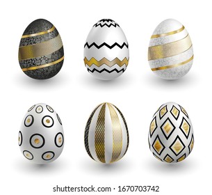 Huevos blancos de oro negro de Pascua con motivos de encaje sobre fondo blanco. Vector preparado para la tarjeta de Pascua