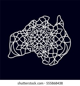 Black and white gold ethnic map the mosaic of the continent and the mainland of Australia. Mandala. Abstract postcard and pattern. Vector illustration on black background.
