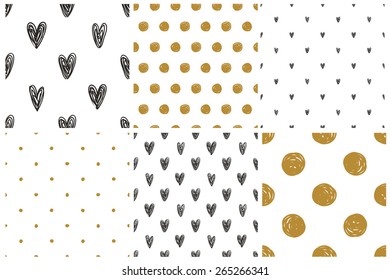 Black, white and gold geometric seamless patterns set