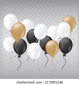 Black, white gold and glossy golden balloon vector illustration on transparent background. Glossy realistic baloon for Birthday party.