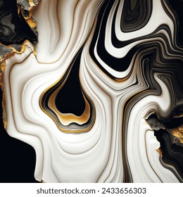 Black white gold liquid fluid 3d abstract marbled background with golden veins, lines. Marble stone texture, jasper. Ornamental art Deco marble textured pattern. Fake painted artificial stone texture.