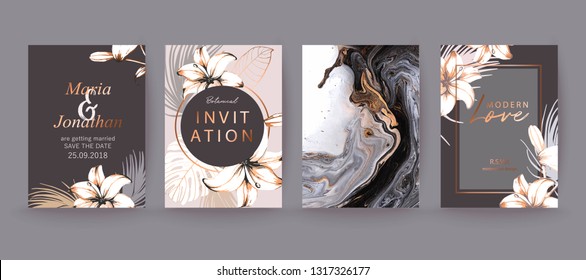 Black, white and gold marble texture card. Floral, lilies decorative bouquet with palm leaves. Wedding invitation, happy birthday, holiday card design.   Brochure, cover template.