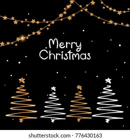 Black white gold merry christmas background with xmas cartoon pine trees and hanging on string stars garland