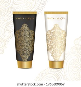 Black, white and gold packaging design for lotion. Vintage vector ornament. Great for cream and other package types. Can be used for background and wallpaper.