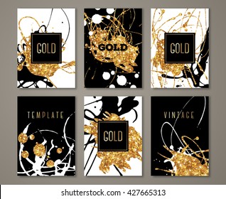 Black, white and gold painted banners set, greeting card design template. Golden brush strokes with square frame. Acrylic paint drips.
