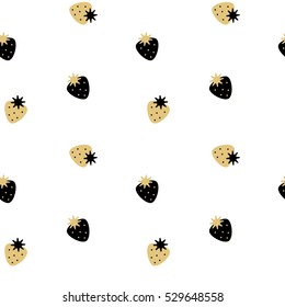 black white gold seamless vector pattern background illustration with strawberries
