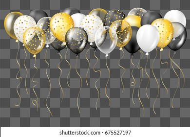 Black, white, gold, transparent and with confetti balloons border. Decorations in realistic style for birthday, anniversary or party design.