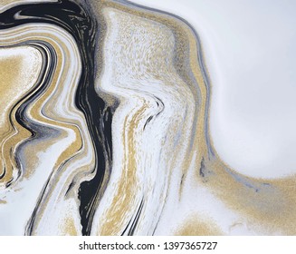 Black, white and golden glitter liquid marble texture. Ink painting abstract pattern. Trendy background for wallpaper, flyer, poster, card, invitation. Modern art.
