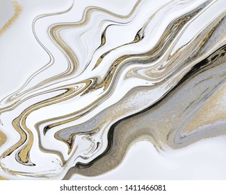 Black, white and golden glitter liquid marble texture. Ink painting abstract pattern. Trendy background for wallpaper, flyer, poster, card, invitation. Modern art.

