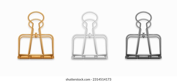 Black, white and golden Paper clip isolated on white background. Realistic object. Vector illustration