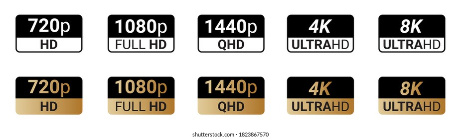 Black, white and golden video or screen resolution icons. Set from 720p to 8k