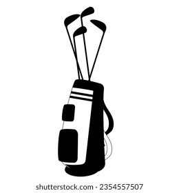 Black and White golf bag full of clubs, golfer sport equipment vector Illustration. Silhouette golf bag