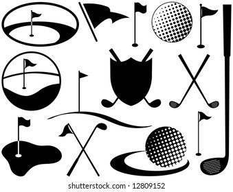 Black and White Golf Icons including golf balls and flags