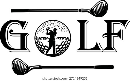 Ein schwarz-weißes Golflogo mit dem Wort "GOLF" und einer Silhouette im Buchstaben "O", umgeben von Golfclubs.
