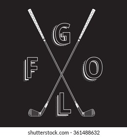 Black and white golf logo made with clubs. Golf iron clubs in graphic style. Golf element made with chalk on black background