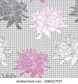 Goosefoots en blanco y negro, sin fisuras, de pequeños círculos con flores de quisantemo rosado. Huele a medio tono de dientes, pies de pollo, fondo de patrón de polilla 