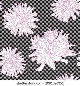 Black and white goosefoots seamless pattern from small circles with pink and white chysanthemum  flowers. Hounds tooth halftone print, Chicken feet, pied-de-poule pattern background 