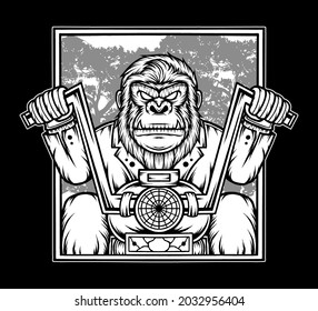 Black white gorilla riding motorcycle. Premium vector