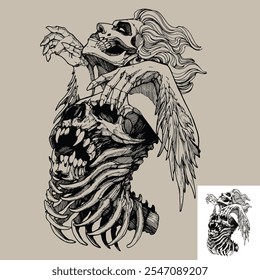 Black and white gothic harpy skeleton with wings tattoo design