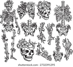 Black and White Gothic Skeleton Skull Tattoo Flash Illustration Bundle Set