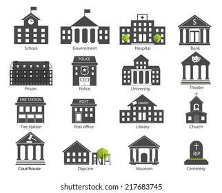 Black   white government buildings icons set in flat design style  vector illustration  Includes school  hospital building  police  fire station  courthouse  daycare  university etc 