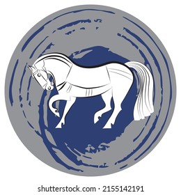Black and white graceful saddled standing horse. Elegant mustang on abstract gray and blue spot background. Stallion silhouette. Equestrian outline. Steed logo for stables, farms, racing. Wild animal.